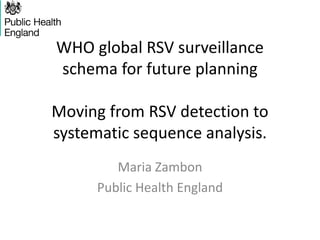 WHO global RSV surveillance
schema for future planning
Moving from RSV detection to
systematic sequence analysis.
Maria Zambon
Public Health England
 