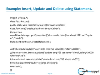 Page 35Classification: Restricted
Example: Insert, Update and Delete using Statement.
import java.sql.*;
class FetchRecord{
public static void main(String args[])throws Exception{
Class.forName("oracle.jdbc.driver.OracleDriver");
Connection
con=DriverManager.getConnection("jdbc:oracle:thin:@localhost:1521:xe","syste
m","oracle");
Statement stmt=con.createStatement();
//stmt.executeUpdate("insert into emp765 values(33,'Irfan',50000)");
//int result=stmt.executeUpdate("update emp765 set name='Vimal',salary=10000
where id=33");
int result=stmt.executeUpdate("delete from emp765 where id=33");
System.out.println(result+" records affected");
con.close();
}}
 