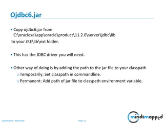 Page 13Classification: Restricted
Ojdbc6.jar
• Copy ojdbc6.jar from
C:oraclexeapporacleproduct11.2.0serverjdbclib
to your JRElibext folder.
• This has the JDBC driver you will need.
• Other way of doing is by adding the path to the jar file to your classpath
oTemporarily: Set classpath in commandline.
oPermanent: Add path of jar file to classpath environment variable.
 