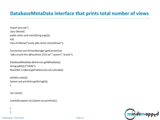 Page 32Classification: Restricted
DatabaseMetaData interface that prints total number of views
import java.sql.*;
class Dbmd3{
public static void main(String args[]){
try{
Class.forName("oracle.jdbc.driver.OracleDriver");
Connection con=DriverManager.getConnection(
"jdbc:oracle:thin:@localhost:1521:xe","system","oracle");
DatabaseMetaData dbmd=con.getMetaData();
String table[]={"VIEW"};
ResultSet rs=dbmd.getTables(null,null,null,table);
while(rs.next()){
System.out.println(rs.getString(3));
}
con.close();
}catch(Exception e){ System.out.println(e);}
}
}
 