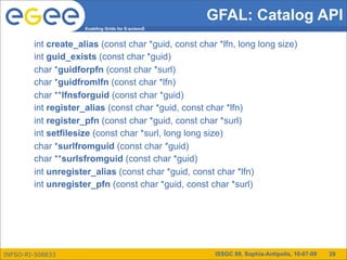 GFAL: Catalog API
                     Enabling Grids for E-sciencE


        int create_alias (const char *guid, const char *lfn, long long size)
        int guid_exists (const char *guid)
        char *guidforpfn (const char *surl)
        char *guidfromlfn (const char *lfn)
        char **lfnsforguid (const char *guid)
        int register_alias (const char *guid, const char *lfn)
        int register_pfn (const char *guid, const char *surl)
        int setfilesize (const char *surl, long long size)
        char *surlfromguid (const char *guid)
        char **surlsfromguid (const char *guid)
        int unregister_alias (const char *guid, const char *lfn)
        int unregister_pfn (const char *guid, const char *surl)




INFSO-RI-508833                                       ISSGC 09, Sophia-Antipolis, 10-07-09   29
 