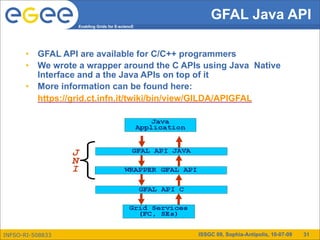 GFAL Java API
                   Enabling Grids for E-sciencE




      •   GFAL API are available for C/C++ programmers
      •   We wrote a wrapper around the C APIs using Java Native
          Interface and a the Java APIs on top of it
      •   More information can be found here:
          https://grid.ct.infn.it/twiki/bin/view/GILDA/APIGFAL




INFSO-RI-508833                                   ISSGC 09, Sophia-Antipolis, 10-07-09   31
 