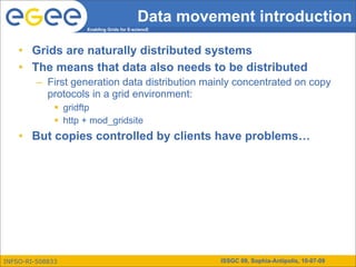 Data movement introduction
                     Enabling Grids for E-sciencE




    • Grids are naturally distributed systems
    • The means that data also needs to be distributed
         – First generation data distribution mainly concentrated on copy
           protocols in a grid environment:
               gridftp
               http + mod_gridsite
    • But copies controlled by clients have problems…




INFSO-RI-508833                                      ISSGC 09, Sophia-Antipolis, 10-07-09
 