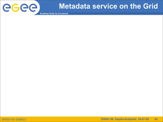 Metadata service on the Grid
                  Enabling Grids for E-sciencE




INFSO-RI-508833                                  ISSGC 09, Sophia-Antipolis, 10-07-09   43
 