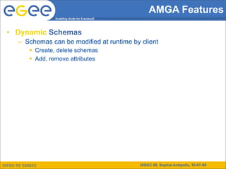 AMGA Features
                    Enabling Grids for E-sciencE




 • Dynamic Schemas
      – Schemas can be modified at runtime by client
            Create, delete schemas
            Add, remove attributes




INFSO-RI-508833                                    ISSGC 09, Sophia-Antipolis, 10-07-09
 
