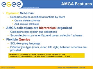 AMGA Features
                      Enabling Grids for E-sciencE




 • Dynamic Schemas
      – Schemas can be modified at runtime by client
            Create, delete schemas
            Add, remove attributes
 • AMGA collections are hierarchical organized
      – Collections can contain sub-collections
      – Sub-collections can inherit/extend parent collection’ schema
 • Flexible Queries
      – SQL-like query language
      – Different join type (inner, outer, left, right) between schemas are
        provided
        selectattr /gLibrary:FileName /gLAudio:Author /gLAudio:Album
        '/gLibrary:FILE=/gLAudio:FILE and like(/gLibrary:FileName, “%.mp3")‘




INFSO-RI-508833                                            ISSGC 09, Sophia-Antipolis, 10-07-09
 