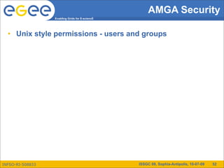 AMGA Security
                  Enabling Grids for E-sciencE




  • Unix style permissions - users and groups




INFSO-RI-508833                                  ISSGC 09, Sophia-Antipolis, 10-07-09   52
 
