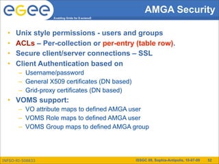 AMGA Security
                  Enabling Grids for E-sciencE




  •   Unix style permissions - users and groups
  •   ACLs – Per-collection or per-entry (table row).
  •   Secure client/server connections – SSL
  •   Client Authentication based on
       – Username/password
       – General X509 certificates (DN based)
       – Grid-proxy certificates (DN based)
  • VOMS support:
       – VO attribute maps to defined AMGA user
       – VOMS Role maps to defined AMGA user
       – VOMS Group maps to defined AMGA group




INFSO-RI-508833                                  ISSGC 09, Sophia-Antipolis, 10-07-09   52
 