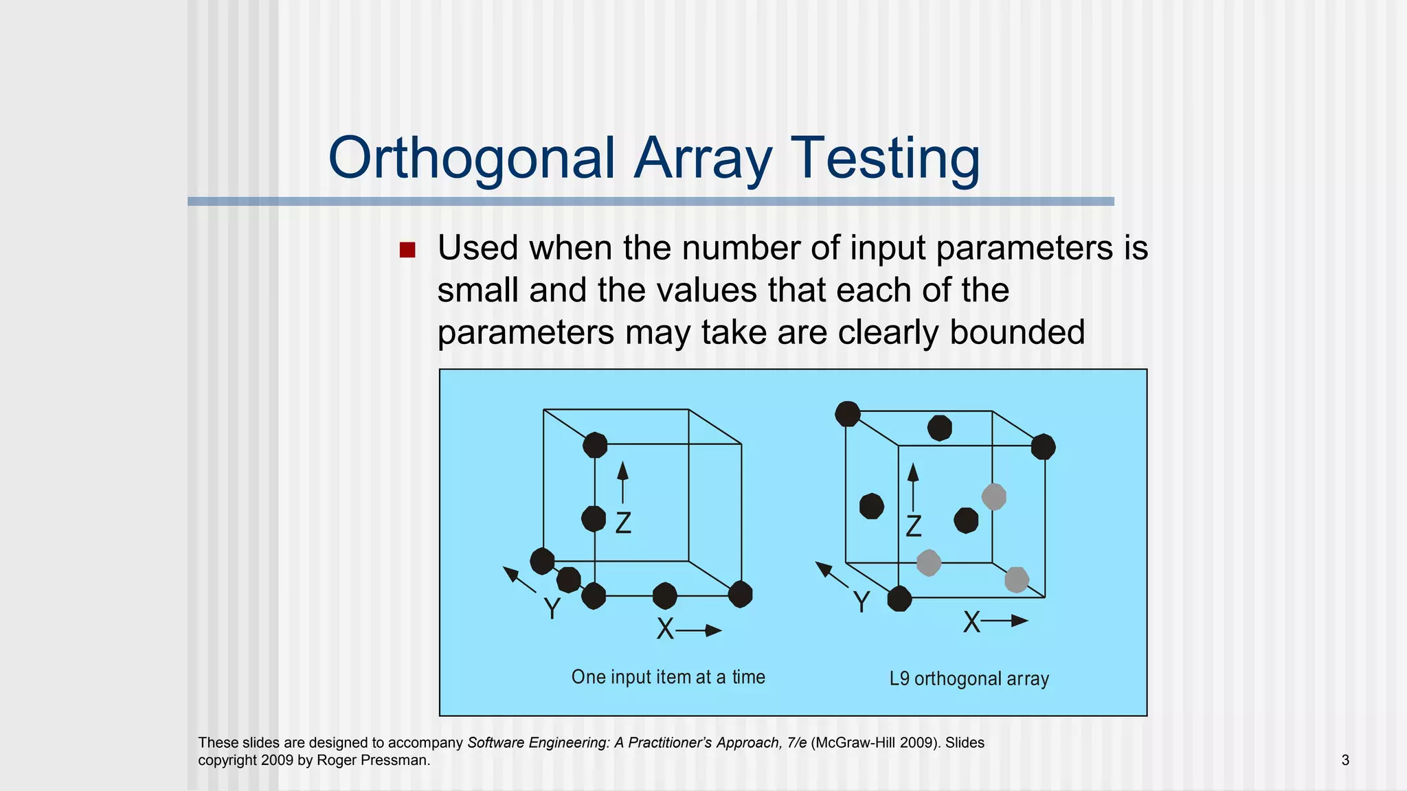 These slides are designed to accompany Software Engineering: A Practitioner’s Approach, 7/e (McGraw-Hill 2009). Slides
copyright 2009 by Roger Pressman. 3
Orthogonal Array Testing
 Used when the number of input parameters is
small and the values that each of the
parameters may take are clearly bounded
One input item at a time L9 orthogonal array
XY
Z
X
Y
Z
 