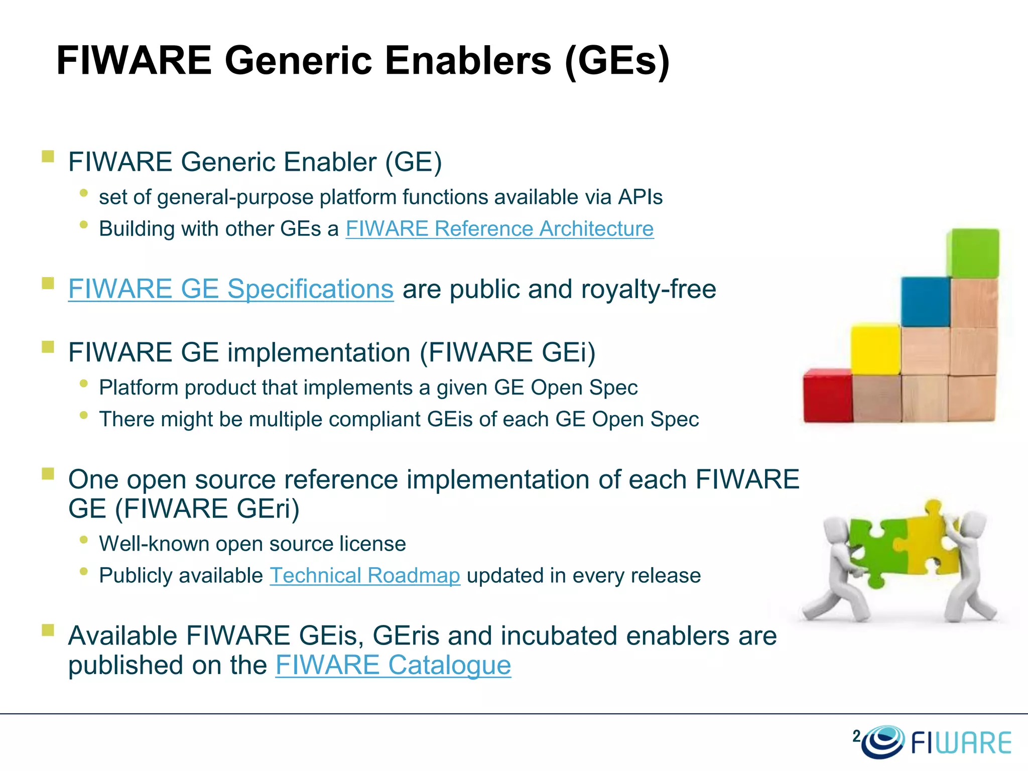 FIWARE Generic Enablers (GEs)
 FIWARE Generic Enabler (GE)
• set of general-purpose platform functions available via APIs
• Building with other GEs a FIWARE Reference Architecture
 FIWARE GE Specifications are public and royalty-free
 FIWARE GE implementation (FIWARE GEi)
• Platform product that implements a given GE Open Spec
• There might be multiple compliant GEis of each GE Open Spec
 One open source reference implementation of each FIWARE
GE (FIWARE GEri)
• Well-known open source license
• Publicly available Technical Roadmap updated in every release
 Available FIWARE GEis, GEris and incubated enablers are
published on the FIWARE Catalogue
2
 