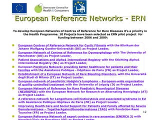 European Reference Networks - ERN To develop European Networks of Centres of Reference for Rare Diseases it’s a priority in the Health Programme. 10 Projects have been selected as ERN pilot project  for funding between 2006 and 2009: European Centres of Reference Network for Cystic Fibrosis  with the Klinikum der Johann Wolfgang Goethe-Universität (DE) as Project Leader,  European Network of Centres of Reference for Dysmorphology  with The University of Manchester (UK) as Project Leader,  Patient Associations and Alpha1 International Registry  with the Stichting Alpha1 International Registry (NL) as Project Leader,  European  Porphyria Network: providing better healthcare for patients and their families  with the Assistance Publique - Hôpitaux de Paris (FR) as Project Leader,  Establishment of a European Network of Rare Bleeding Disorders , with the Università degli Studi di Milano (IT) as Project Leader.   European network of paediatric Hodgkin’s lymphoma – European-wide organisation of quality controlled treatment  with the University of Leipzig (D) as Project Leader. European Network of Reference for Rare Paediatric Neurological Diseases (NEUROPED)  with the European Network for Research on Alternating Hemiplegia (AT) as Project Leader.   A reference network for Langerhans cell histiocytosis and associated syndrome in EU  with Assistance Publique Hôpitaux de Paris (FR) as Project Leader.   Improving Health Care and Social Support for Patients and Family affected by Severe Genodermatoses – TogetherAgainstGenodermatoses (TAG)   with Fondation René Touraine (FR) as Project Leader.   European Reference Network of expert centres in rare anaemias (ENERCA 3)  with Hospital Clínic de Barcelona (ES) as Project Leader.   