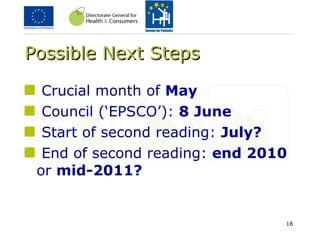 Possible Next Steps Crucial month of  May Council (‘EPSCO’):  8 June Start of second reading:  July? End of second reading:  end 2010  or  mid-2011? 