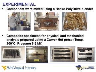 EXPERIMENTAL
   Component were mixed using a Haake PolyDrive blender




   Composite specimens for physical and mechanical
    analysis prepared using a Carver Hot press (Temp.
    200°C, Pressure 8.9 kN)
 