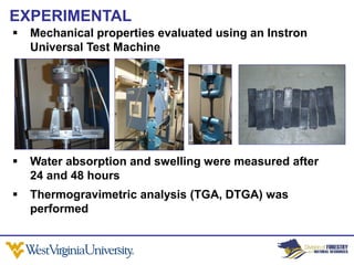 EXPERIMENTAL
   Mechanical properties evaluated using an Instron
    Universal Test Machine




   Water absorption and swelling were measured after
    24 and 48 hours
   Thermogravimetric analysis (TGA, DTGA) was
    performed
 