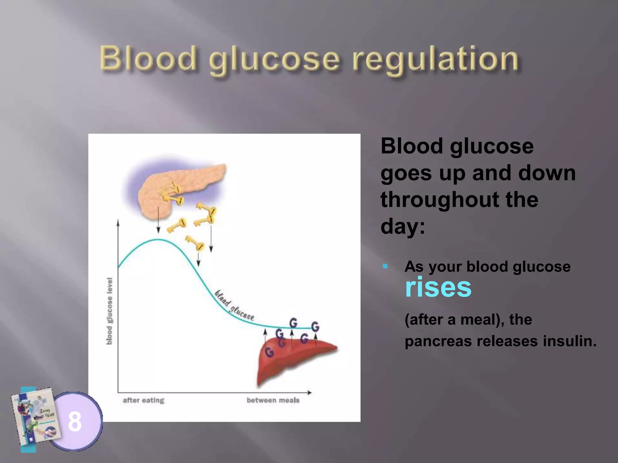 Blood glucose
goes up and down
throughout the
day:
8
 As your blood glucose
rises
(after a meal), the
pancreas releases insulin.
 