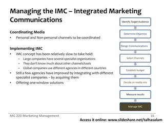 Access it online: www.slideshare.net/talhasalam
Managing the IMC – Integrated Marketing
Communications
Coordinating Media
• Personal and Non-personal channels to be coordinated
Implementing IMC
• IMC concept has been relatively slow to take hold:
– Large companies have several specialist organizations
– They don’t know much about other channels/tools
– Global companies use different agencies in different countries
• Still a few agencies have improved by integrating with different
specialist companies – by acquiring them
• Offering one-window solutions
MG 220 Marketing Management 16
Identify Target Audience
Determine Objective
Design Communications
Select Channels
Establish budget
Decide on media mix
Measure results
Manage IMC
 