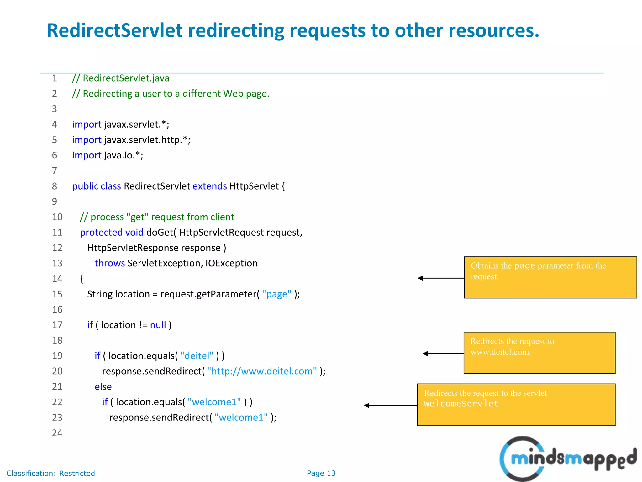Page 13Classification: Restricted
RedirectServlet redirecting requests to other resources.
1 // RedirectServlet.java
2 // Redirecting a user to a different Web page.
3
4 import javax.servlet.*;
5 import javax.servlet.http.*;
6 import java.io.*;
7
8 public class RedirectServlet extends HttpServlet {
9
10 // process "get" request from client
11 protected void doGet( HttpServletRequest request,
12 HttpServletResponse response )
13 throws ServletException, IOException
14 {
15 String location = request.getParameter( "page" );
16
17 if ( location != null )
18
19 if ( location.equals( "deitel" ) )
20 response.sendRedirect( "http://www.deitel.com" );
21 else
22 if ( location.equals( "welcome1" ) )
23 response.sendRedirect( "welcome1" );
24
13
Obtains the page parameter from the
request.
Redirects the request to
www.deitel.com.
Redirects the request to the servlet
WelcomeServlet.
 