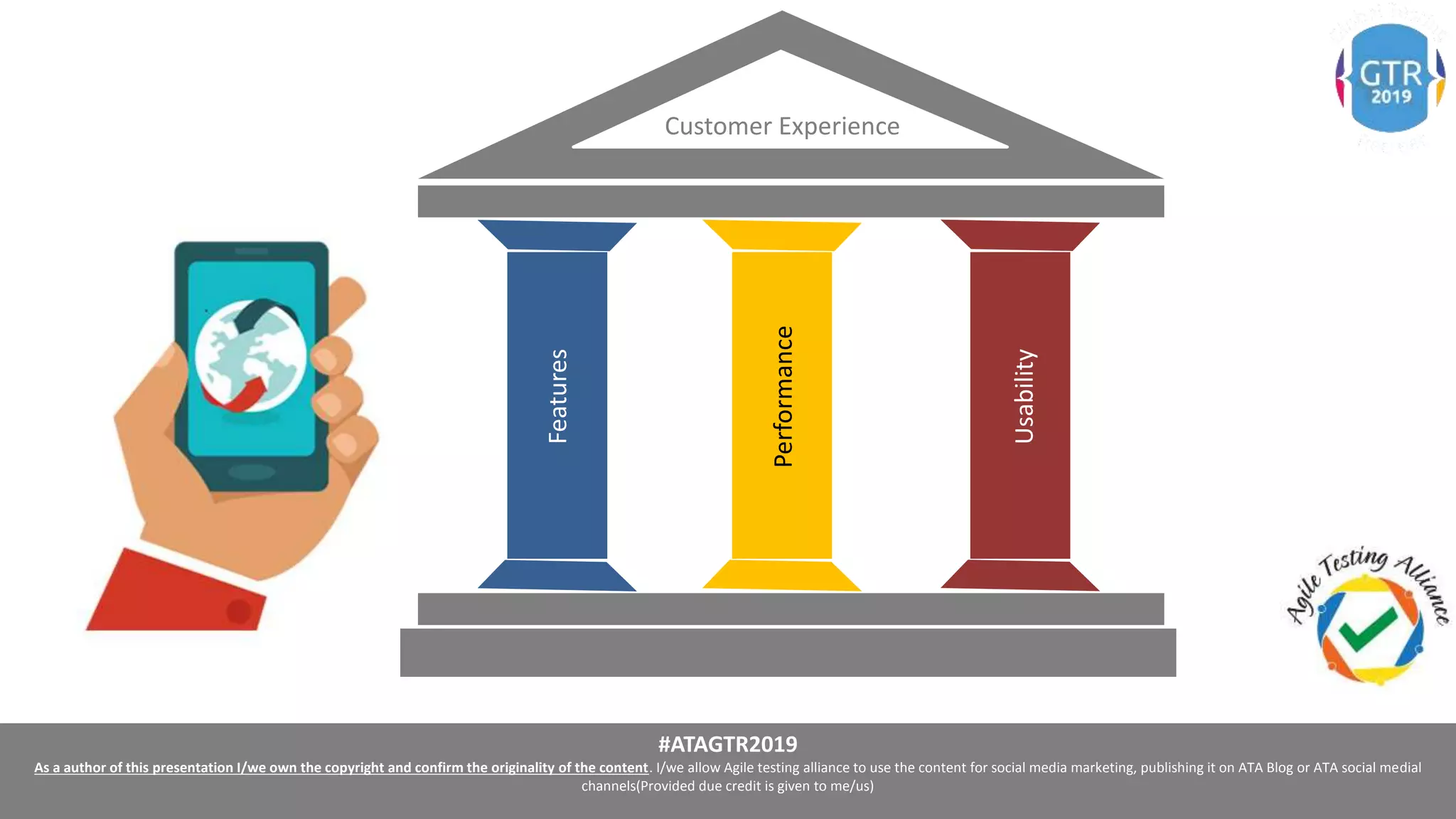 #ATAGTR2019
As a author of this presentation I/we own the copyright and confirm the originality of the content. I/we allow Agile testing alliance to use the content for social media marketing, publishing it on ATA Blog or ATA social medial
channels(Provided due credit is given to me/us)
Customer Experience
Features
Performance
Usability
 