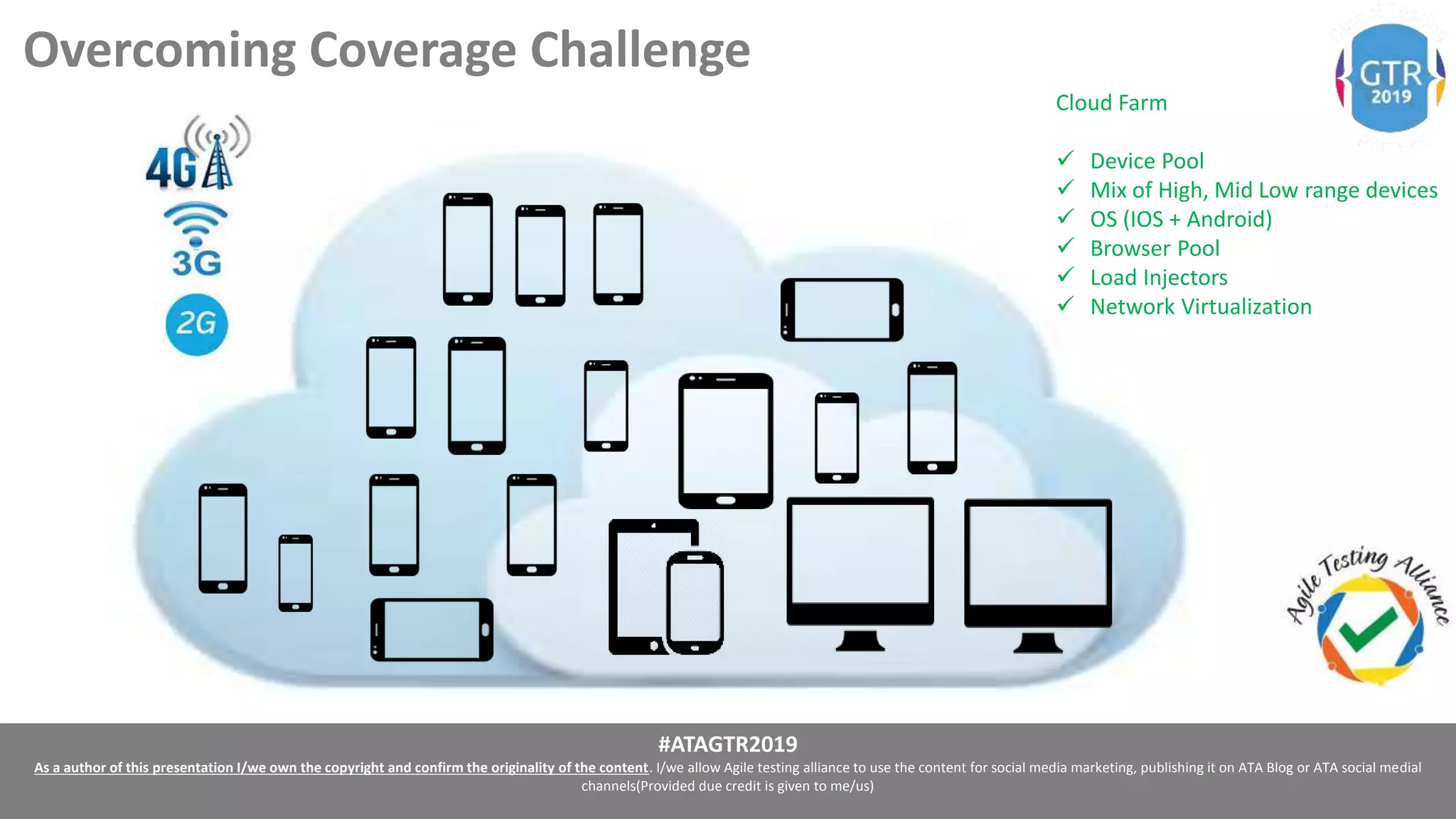 #ATAGTR2019
As a author of this presentation I/we own the copyright and confirm the originality of the content. I/we allow Agile testing alliance to use the content for social media marketing, publishing it on ATA Blog or ATA social medial
channels(Provided due credit is given to me/us)
Overcoming Coverage Challenge
Cloud Farm
 Device Pool
 Mix of High, Mid Low range devices
 OS (IOS + Android)
 Browser Pool
 Load Injectors
 Network Virtualization
 