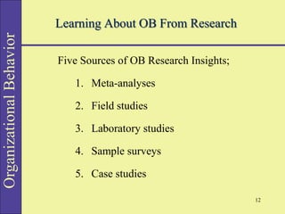 Organizational
Behavior
Learning About OB From Research
Five Sources of OB Research Insights;
1. Meta-analyses
2. Field studies
3. Laboratory studies
4. Sample surveys
5. Case studies
12
 