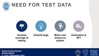 G lobal T esting Retreat
#ATAGTR2023
NEED FOR TEST DATA
Increase
coverage of
testing
Unearth bugs Mimic user
actions on
system
Automation &
NFT
Global Testing Retreat
#ATAGTR2023
 