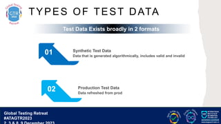 G lobal T esting Retreat
#ATAGTR2023
TYPES OF TEST DATA
01 Synthetic Test Data
Data that is generated algorithmically, includes valid and invalid
02 Production Test Data
Data refreshed from prod
Test Data Exists broadly in 2 formats
Global Testing Retreat
#ATAGTR2023
 