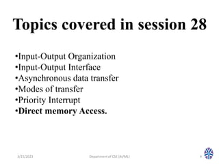Topics covered in session 28
3/21/2023 Department of CSE (AI/ML) 4
•Input-Output Organization
•Input-Output Interface
•Asynchronous data transfer
•Modes of transfer
•Priority Interrupt
•Direct memory Access.
 