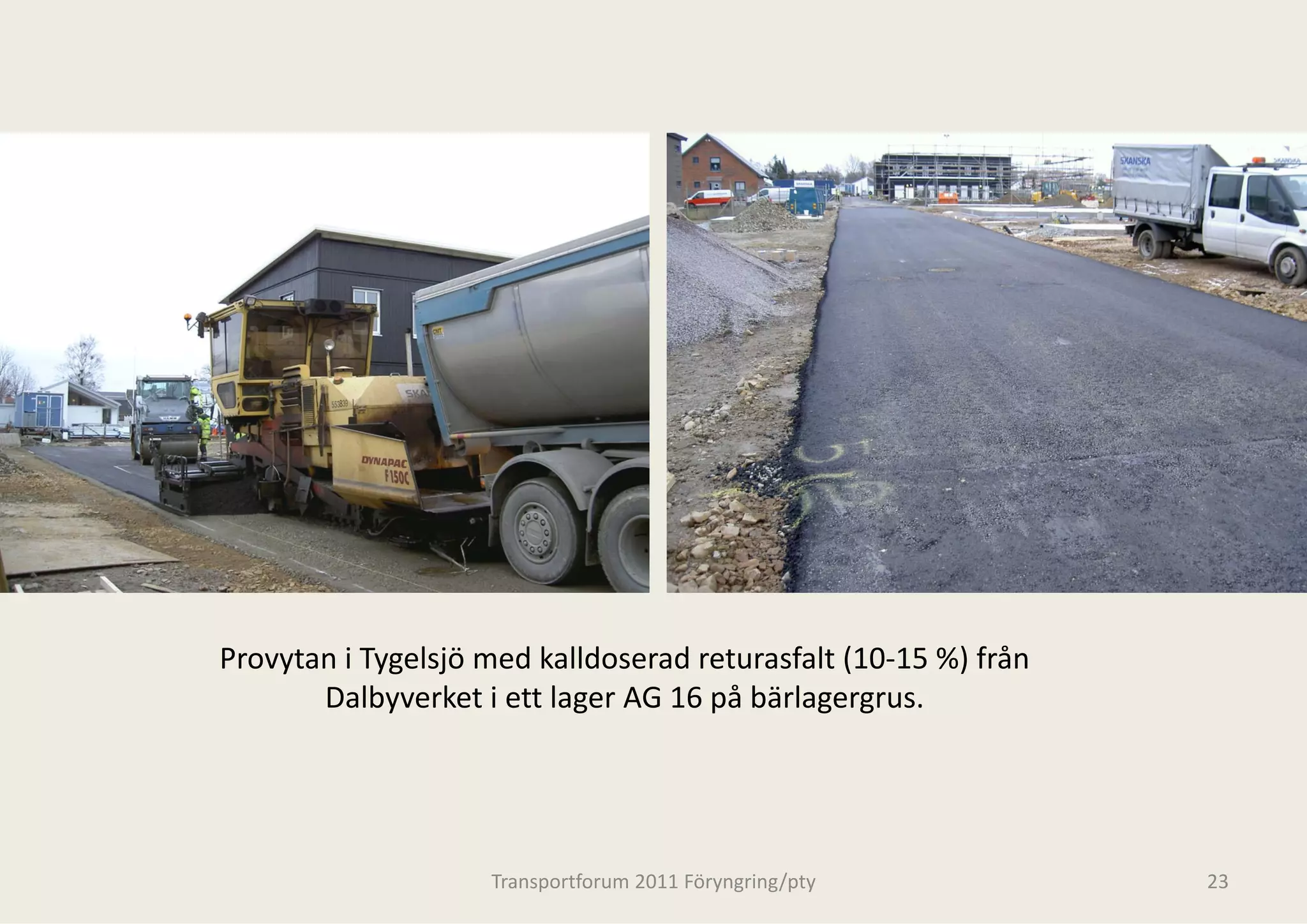 Provytan i Tygelsjö med kalldoser
                                rad returasfalt (10‐15 %) från 
       Dalbyverket i ett lager AG
                                G 16 på bärlagergrus.




                    Transportforum 20
                                    011 Föryngring/pty            23
 