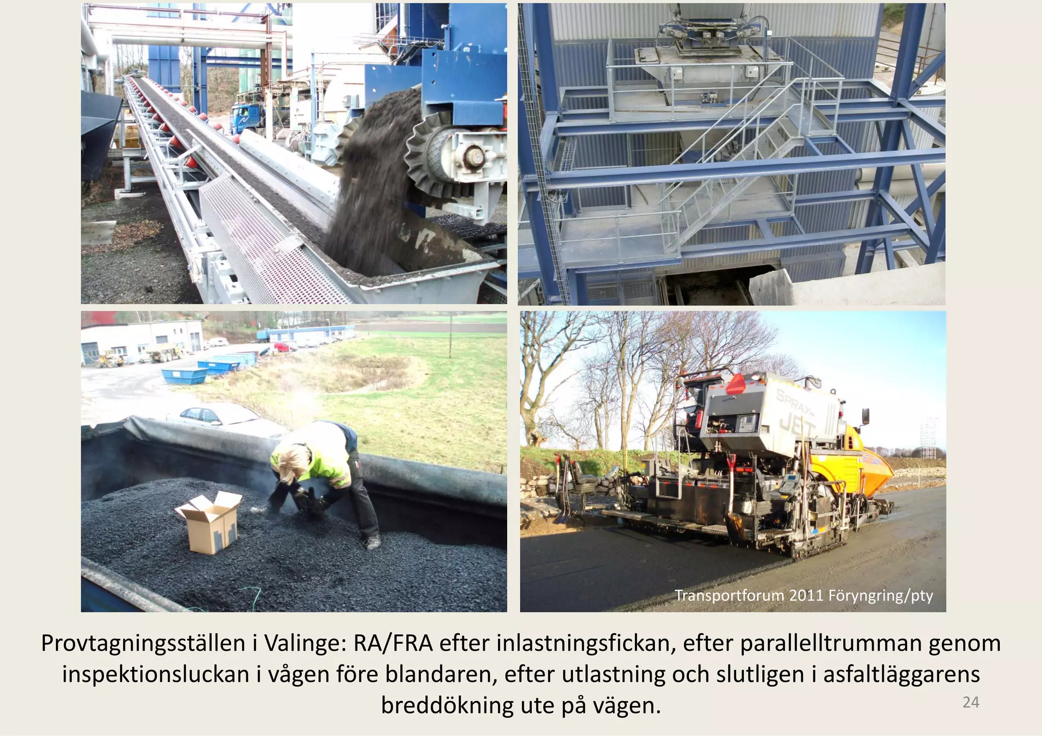 Transportforum 2011 Föryngring/pty

Provtagningsställen i Valinge: RA/FRA efter inlastningsfickan, efter parallelltrumman genom 
      g g                  g     /                   g        ,      p                  g
  inspektionsluckan i vågen före blandaren, effter utlastning och slutligen i asfaltläggarens 
                                 breddökning ute på vägen.                                 24
 