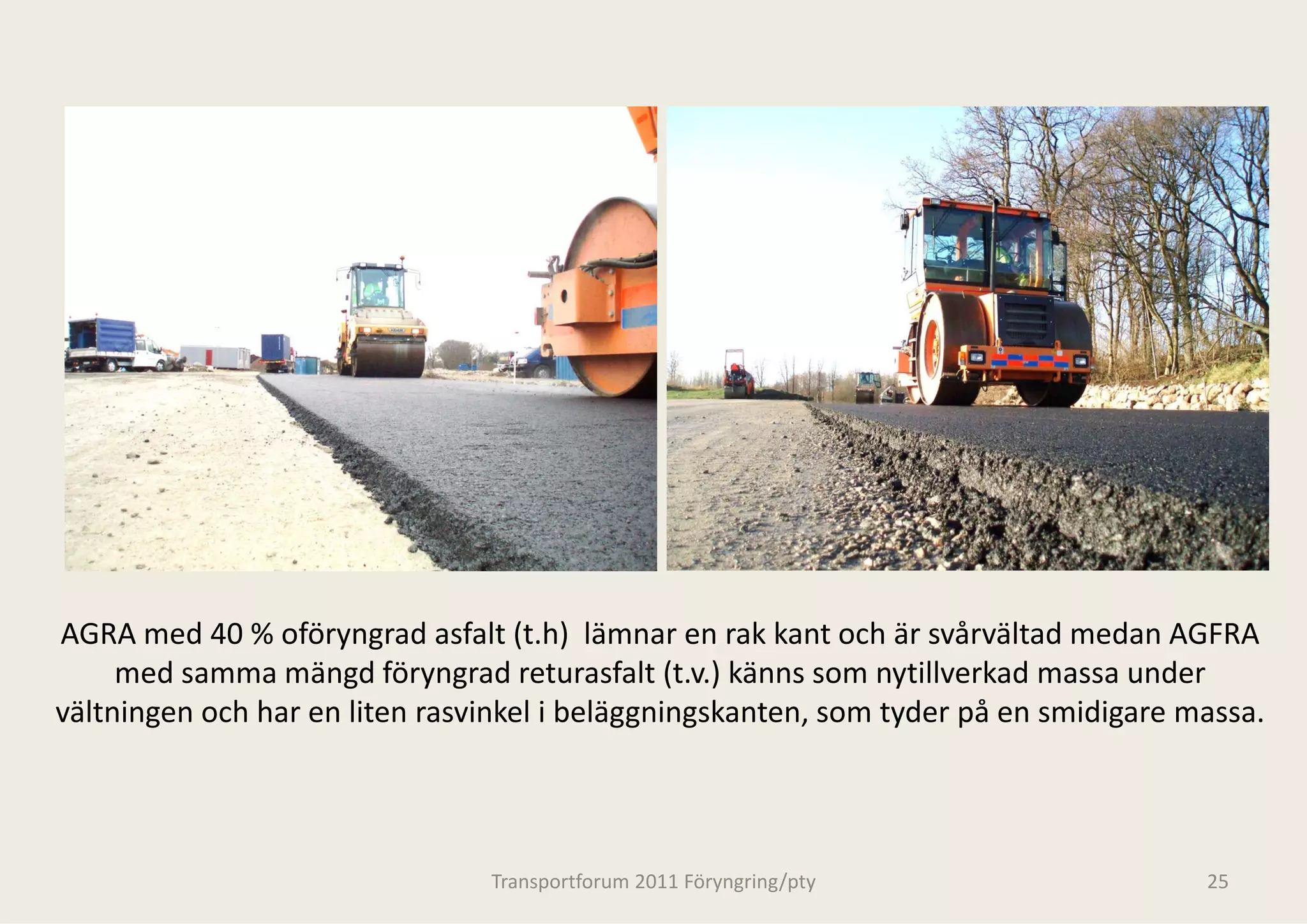 AGRA med 40 % oföryngrad asfalt (t.h)  lämna   ar en rak kant och är svårvältad medan AGFRA 
     med samma mängd föryngrad returasfalt    t (t.v.) känns som nytillverkad massa under 
vältningen och har en liten rasvinkel i beläggn
vältningen och har en liten rasvinkel i beläggn
                                              ningskanten, som tyder på en smidigare massa.
                                              ningskanten som tyder på en smidigare massa




                                 Transportforum 20
                                                 011 Föryngring/pty                    25
 