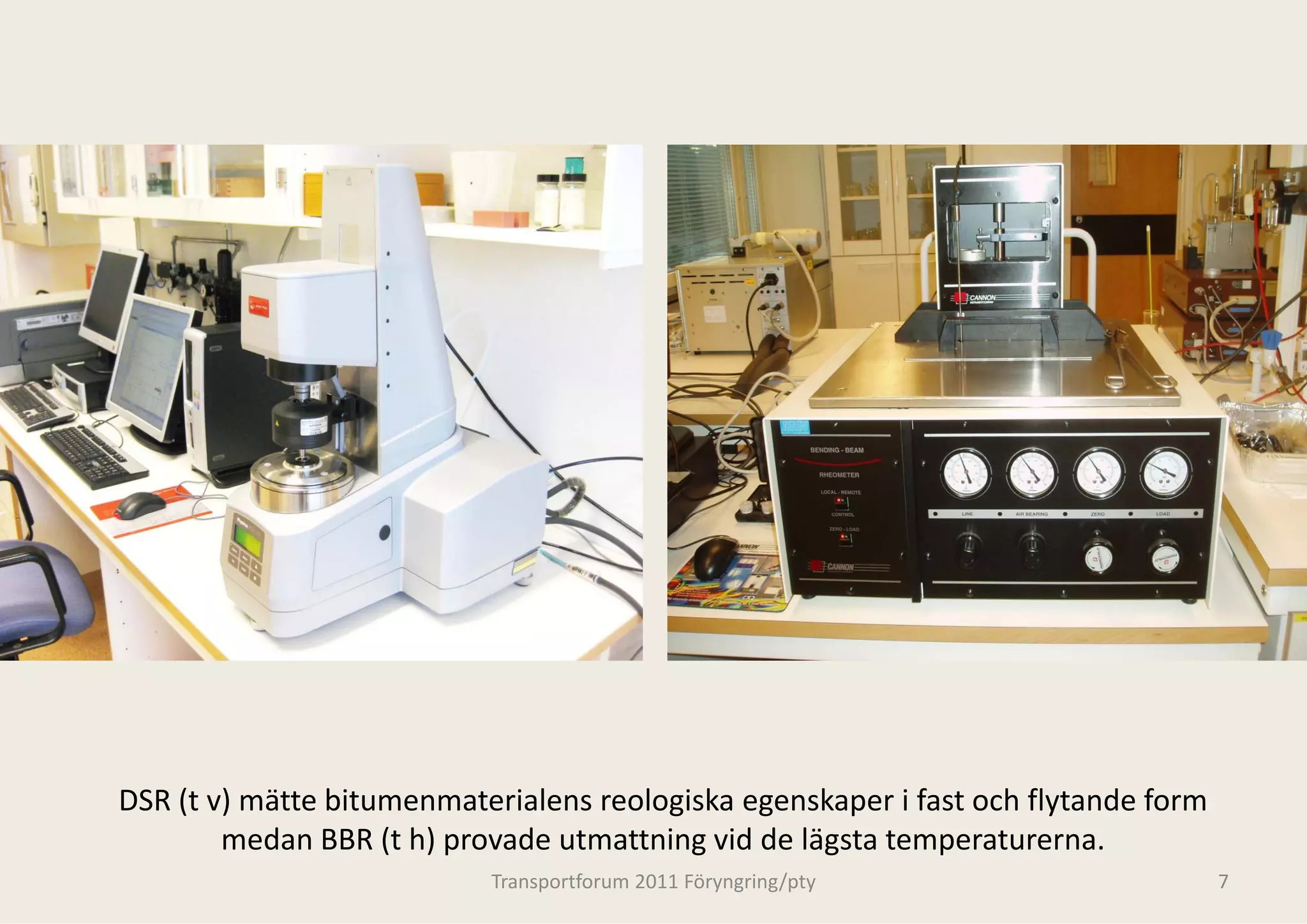 DSR (t v) mätte bitumenmaterialens reolo
                                       ogiska egenskaper i fast och flytande form 
        medan BBR (t h) provade utmattnning vid de lägsta temperaturerna.
                           Transportforum 20
                                           011 Föryngring/pty                        7
 