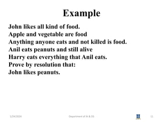 Example
1/24/2024 11
Department of AI & DS
John likes all kind of food.
Apple and vegetable are food
Anything anyone eats and not killed is food.
Anil eats peanuts and still alive
Harry eats everything that Anil eats.
Prove by resolution that:
John likes peanuts.
 