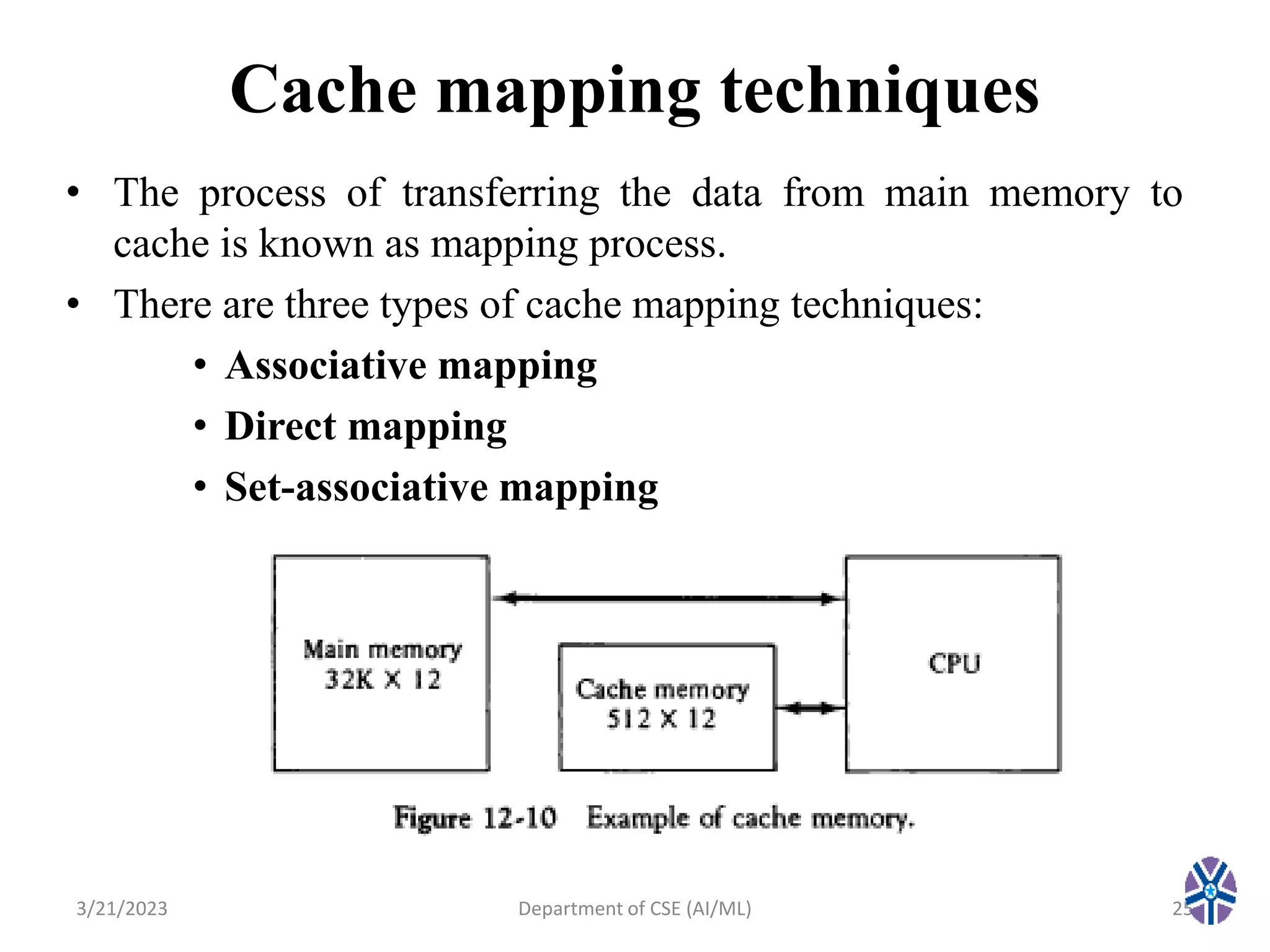 Cache mapping techniques
• The process of transferring the data from main memory to
cache is known as mapping process.
• There are three types of cache mapping techniques:
• Associative mapping
• Direct mapping
• Set-associative mapping
3/21/2023 Department of CSE (AI/ML) 25
 