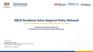 Presented by:
Mohamad Nazrul Aziz
Vice President, Graduate, Diaspora & Industry Partnership
Talent Corporation Malaysia Berhad
30 NOV 2022 | 4.15PM MYT
OECD Southeast Asian Regional Policy Network
Collaborative Skills Systems:
Employers Driving Better Skills Outcomes
 