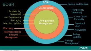 © Copyright 2014 Pivotal. All rights reserved. 44
IaaS
BOSH Director BOSH Agent
Mobile Services
for Pivotal CF
ElasticSearch
for Pivotal CF
CloudBees Jenkins
Enterprise
Cassandra
for Pivotal CF
Click to install
No downtime updates
Explore install logs
Click to scale the platform
Built-in High Availability
Built-in Platform Monitoring
Integrated services
 