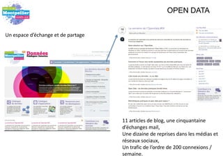 OPEN DATA


Un espace d’échange et de partage




                                    11 articles de blog, une cinquantaine
                                    d’échanges mail,
                                    Une dizaine de reprises dans les médias et
                                    réseaux sociaux,
                                    Un trafic de l’ordre de 200 connexions /
                                    semaine.
 