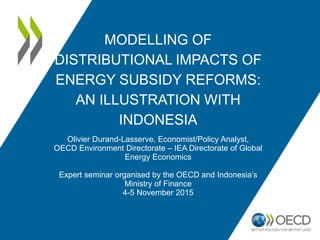 MODELLING OF
DISTRIBUTIONAL IMPACTS OF
ENERGY SUBSIDY REFORMS:
AN ILLUSTRATION WITH
INDONESIA
Olivier Durand-Lasserve, Economist/Policy Analyst,
OECD Environment Directorate – IEA Directorate of Global
Energy Economics
Expert seminar organised by the OECD and Indonesia’s
Ministry of Finance
4-5 November 2015
 