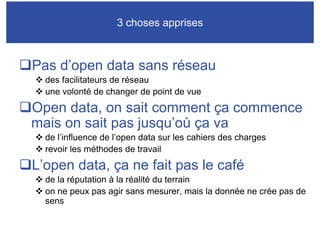3 choses apprises



Pas d’open data sans réseau
  des facilitateurs de réseau
  une volonté de changer de point de vue
Open data, on sait comment ça commence
mais on sait pas jusqu’où ça va
  de l’influence de l’open data sur les cahiers des charges
  revoir les méthodes de travail
L’open data, ça ne fait pas le café
  de la réputation à la réalité du terrain
  on ne peux pas agir sans mesurer, mais la donnée ne crée pas de
  sens
 