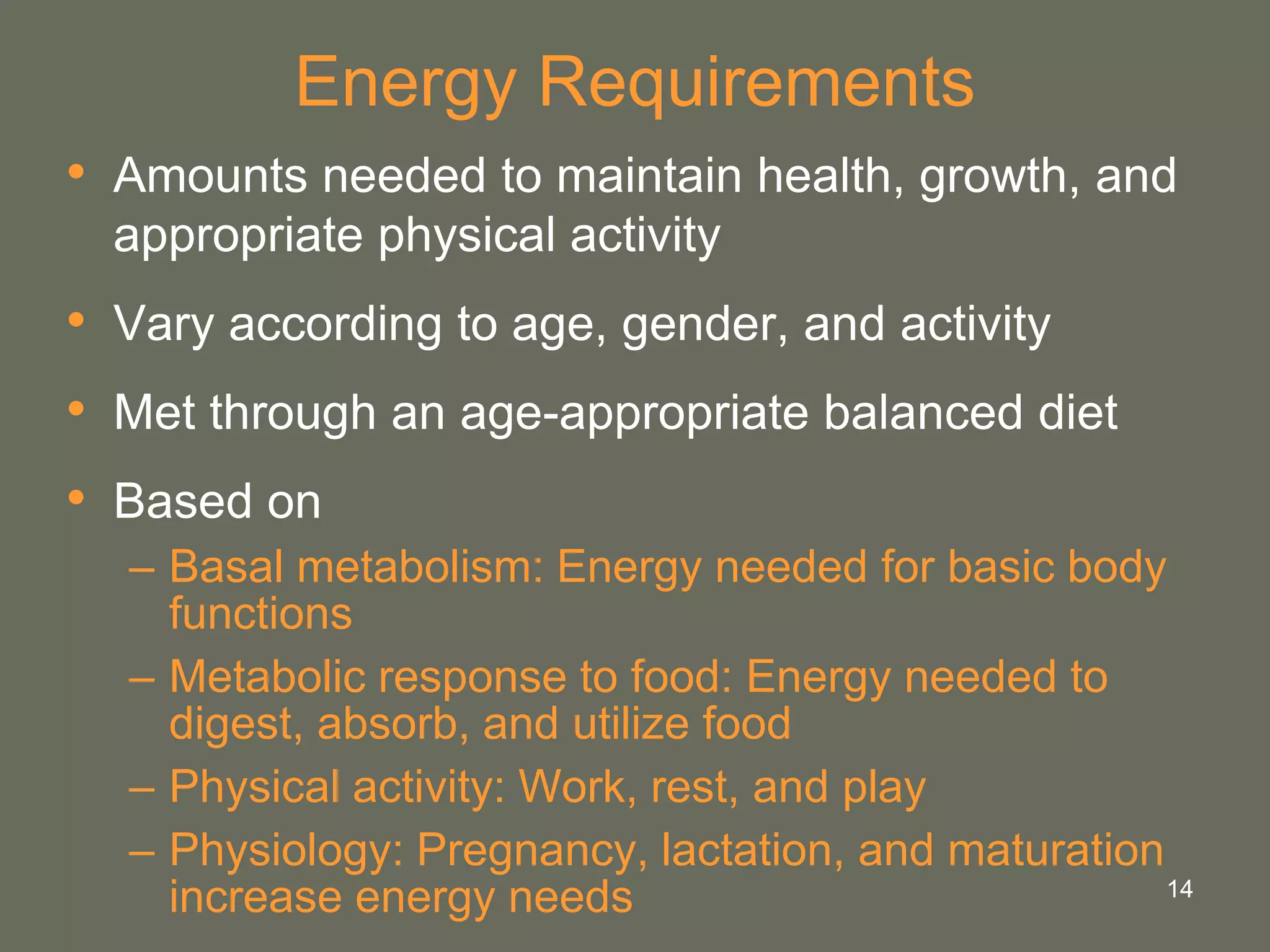 14
Energy Requirements
• Amounts needed to maintain health, growth, and
appropriate physical activity
• Vary according to age, gender, and activity
• Met through an age-appropriate balanced diet
• Based on
– Basal metabolism: Energy needed for basic body
functions
– Metabolic response to food: Energy needed to
digest, absorb, and utilize food
– Physical activity: Work, rest, and play
– Physiology: Pregnancy, lactation, and maturation
increase energy needs
 
