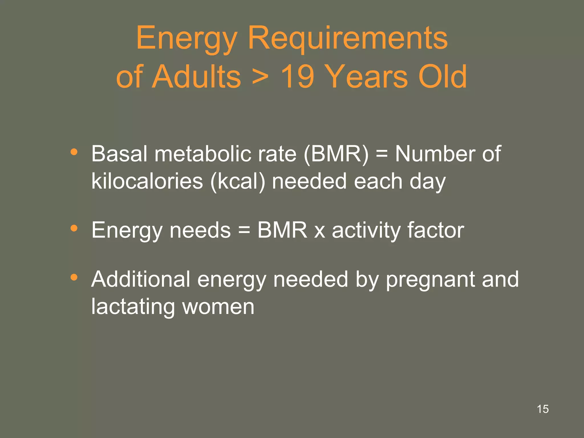 15
Energy Requirements
of Adults > 19 Years Old
• Basal metabolic rate (BMR) = Number of
kilocalories (kcal) needed each day
• Energy needs = BMR x activity factor
• Additional energy needed by pregnant and
lactating women
 