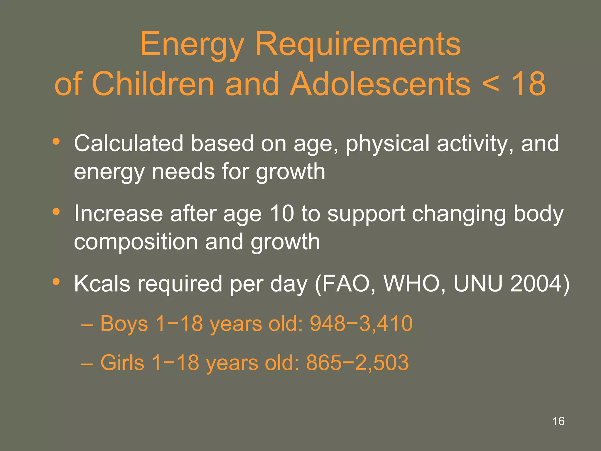 16
Energy Requirements
of Children and Adolescents < 18
• Calculated based on age, physical activity, and
energy needs for growth
• Increase after age 10 to support changing body
composition and growth
• Kcals required per day (FAO, WHO, UNU 2004)
– Boys 1−18 years old: 948−3,410
– Girls 1−18 years old: 865−2,503
 