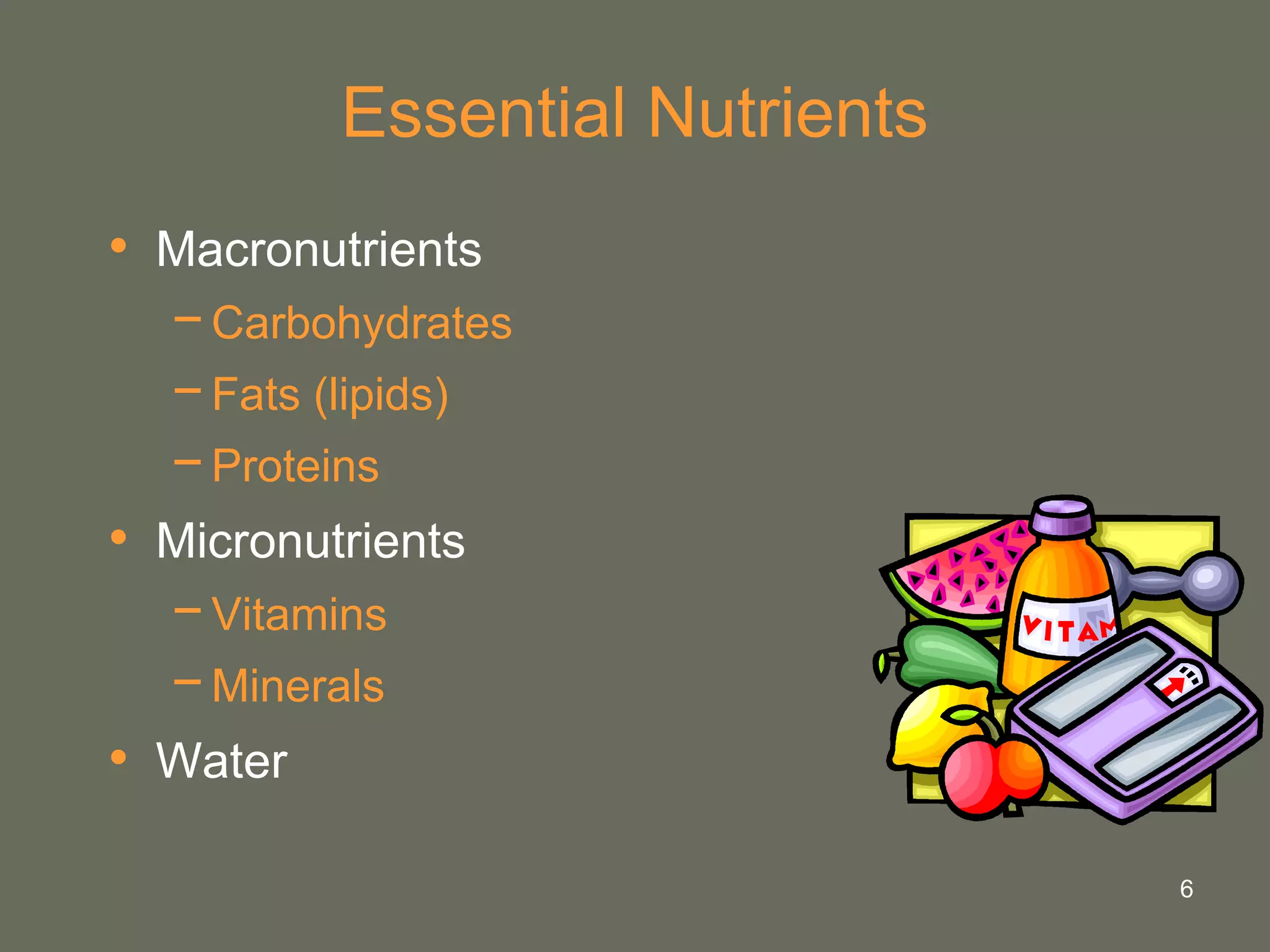 6
Essential Nutrients
• Macronutrients
−Carbohydrates
−Fats (lipids)
−Proteins
• Micronutrients
−Vitamins
−Minerals
• Water
 