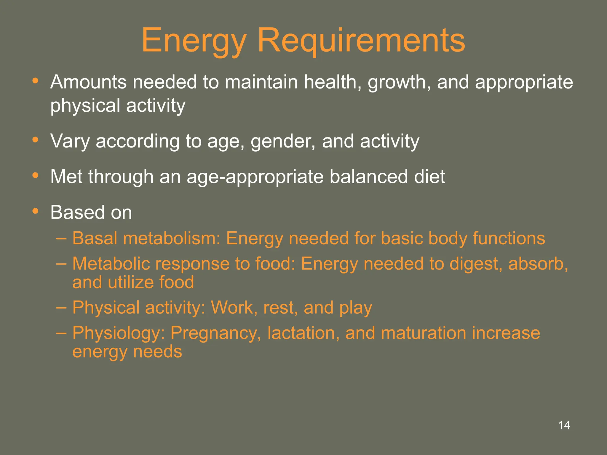 14
Energy Requirements
• Amounts needed to maintain health, growth, and appropriate
physical activity
• Vary according to age, gender, and activity
• Met through an age-appropriate balanced diet
• Based on
– Basal metabolism: Energy needed for basic body functions
– Metabolic response to food: Energy needed to digest, absorb,
and utilize food
– Physical activity: Work, rest, and play
– Physiology: Pregnancy, lactation, and maturation increase
energy needs
 