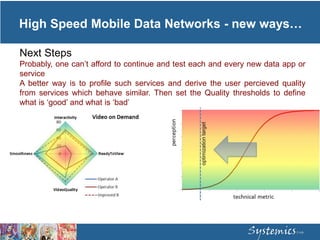 Next Steps
Probably, one can’t afford to continue and test each and every new data app or
service
A better way is to profile such services and derive the user percieved quality
from services which behave similar. Then set the Quality thresholds to define
what is ‘good’ and what is ‘bad’
High Speed Mobile Data Networks - new ways…
 