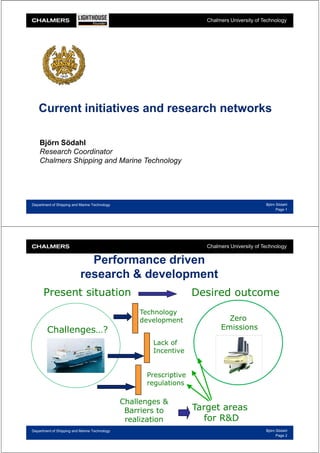 Chalmers University of Technology




   Current initiatives and research networks

    Björn Södahl
    Research Coordinator
    Chalmers Shipping and Marine Technology




Department of Shipping and Marine Technology                                                   Björn Södahl
                                                                                                     Page 1




                                                                       Chalmers University of Technology

                             Performance driven
                           research & development
      Present situation                                             Desired outcome
                                                   Technology
                                                   development                Zero
                                                                            Emissions

                                                       Lack of
                                                       Incentive


                                                     Prescriptive
                                                     regulations

                                               Challenges &
                                                Barriers to         Target areas
                                                realization            for R&D
Department of Shipping and Marine Technology                                                   Björn Södahl
                                                                                                     Page 2
 