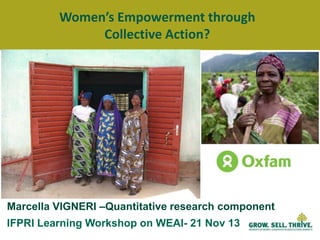 Women’s Empowerment through
Collective Action?

Marcella VIGNERI –Quantitative research component
IFPRI Learning Workshop on WEAI- 21 Nov 13

 