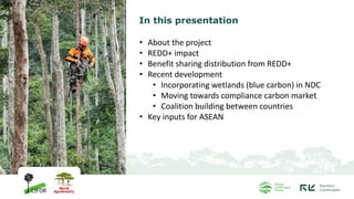 In this presentation
• About the project
• REDD+ impact
• Benefit sharing distribution from REDD+
• Recent development
• Incorporating wetlands (blue carbon) in NDC
• Moving towards compliance carbon market
• Coalition building between countries
• Key inputs for ASEAN
 