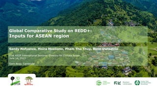 Global Comparative Study on REDD+:
Inputs for ASEAN region
Sandy Nofyanza, Moira Moeliono, Pham Thu Thuy, Bimo Dwisatrio
21st ASOF International Seminar: Forestry for Climate Action
June 14, 2023
Siem Reap, Cambodia
 