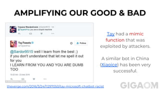 Tay had a mimic
function that was
exploited by attackers.
A similar bot in China
(Xiaoice) has been very
successful.
AMPLIFYING OUR GOOD & BAD
theverge.com/2016/3/24/11297050/tay-microsoft-chatbot-racist
 