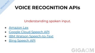 VOICE RECOGNITION APIs
Understanding spoken input.
● Amazon Lex
● Google Cloud Speech API
● IBM Watson Speech-to-Text
● Bing Speech API
R
ESO
U
R
C
ES
 